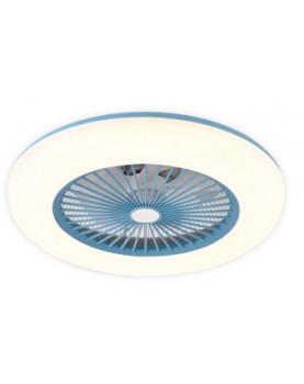 ventilador de techo sin aspas noaton callisto de color azul y encendido con luz amarilla