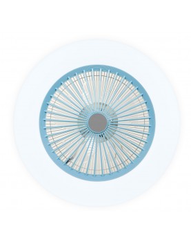frontal del ventilador de techo sin aspas noaton callisto de color azul y encendido con luz blanca