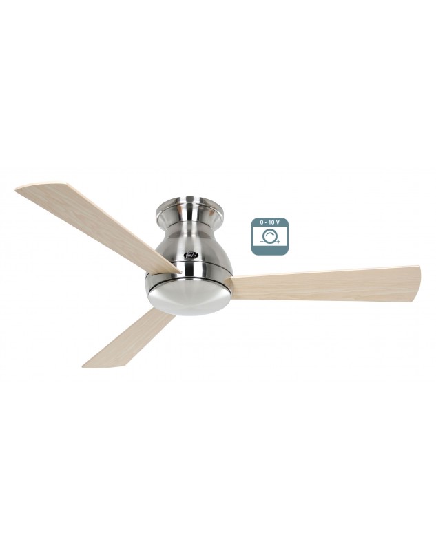 ventilador de techo cromado con motor DC y aspas de madera