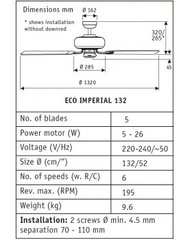 esquema del ventilador de techo ECO IMPERIAL 132 AW