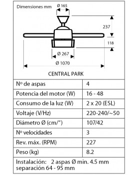 esquema del abanico de techo Hunter 50619 50618  CENTRAL PARK