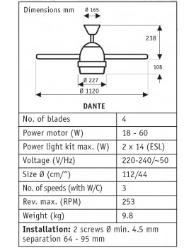 esquema del ventilador Hunter Dante