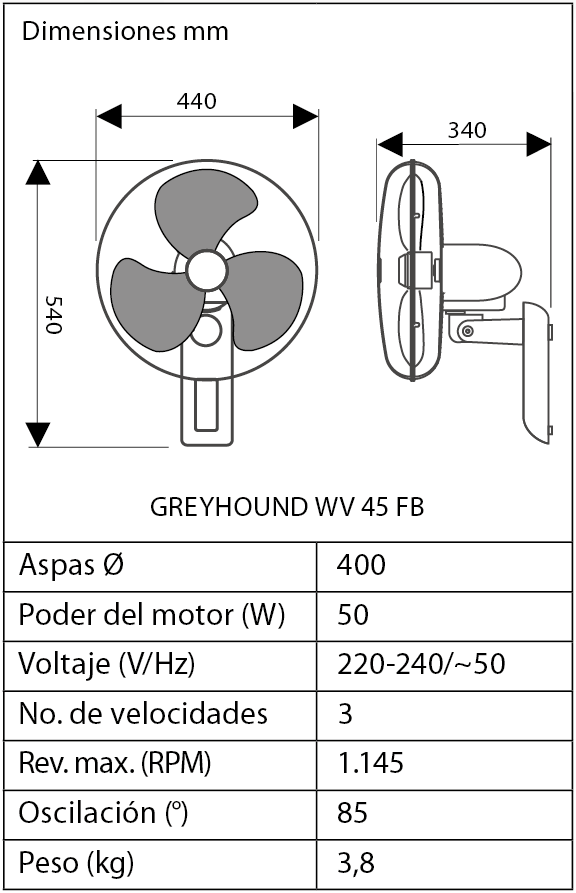Esquema del ventilador de pared CasaFan Greyhound