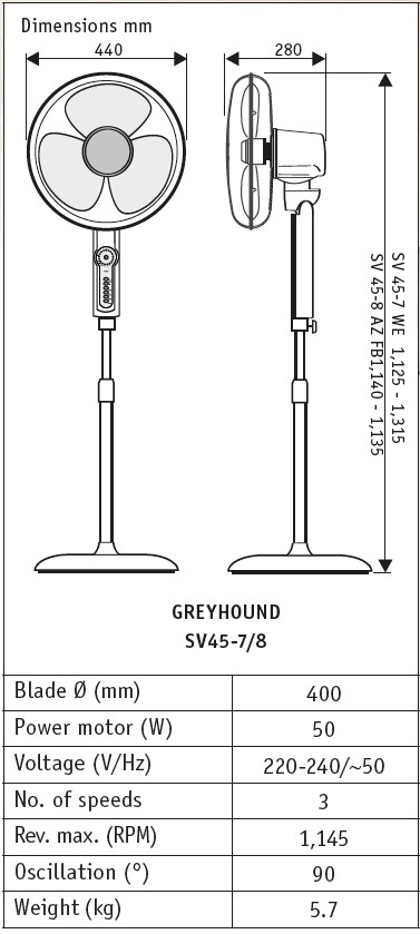 Esquema del ventilador de pie con mando CasaFan Greyhound