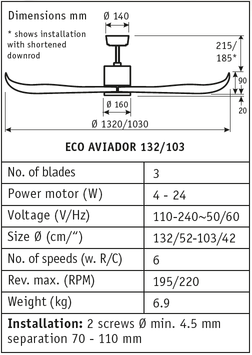 Esquema del ventilador de techo Eco Aviador