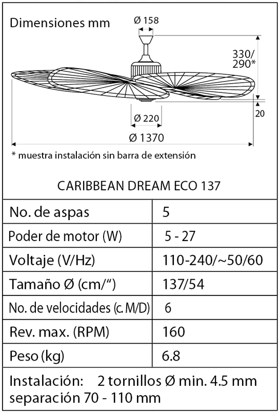 Esquema ventilador de techo CasaFan Caribbean Dream Eco Esquema ventilador de techo CasaFan Caribbean Dream Eco
