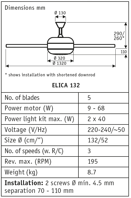 Esquema del ventilador de techo con luz ELICA