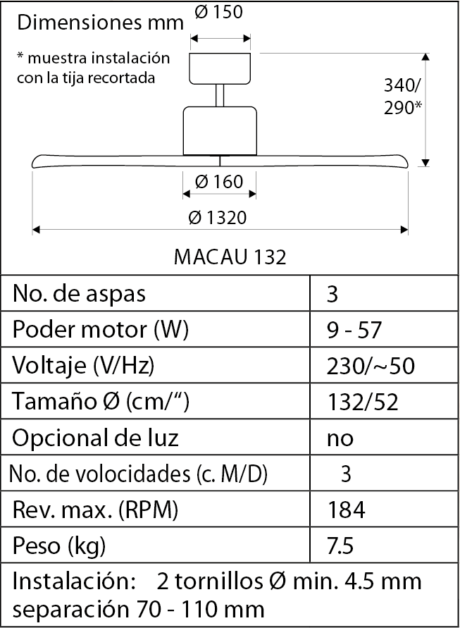Esquema ventilador de techo Macau Macau BN-NB Nogal/ cromo cepillado