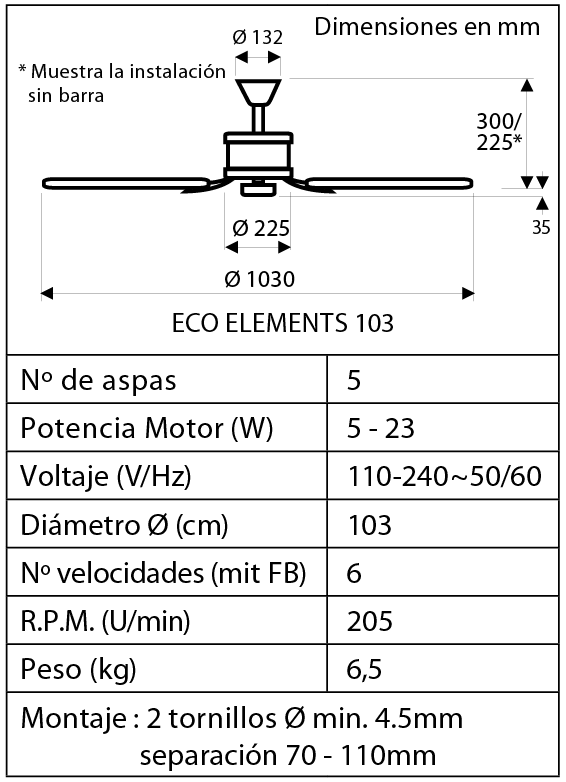 esquema del ventilador para techos ECO ELEMENTS 103cm