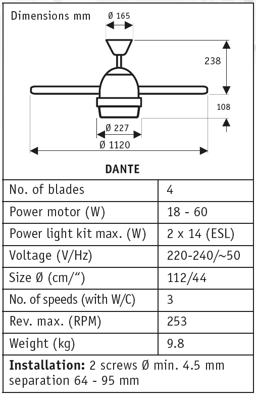 Esquema del ventilador para techo Hunter Dante