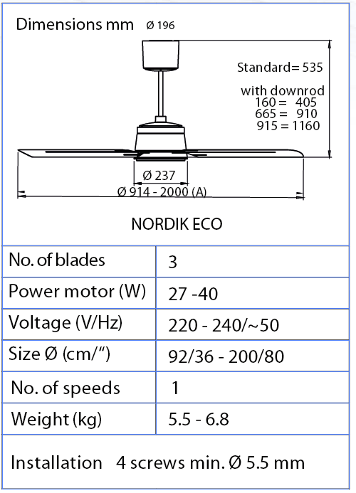 Esquema ventilador de techo Vortice 61063 Nordik ECO